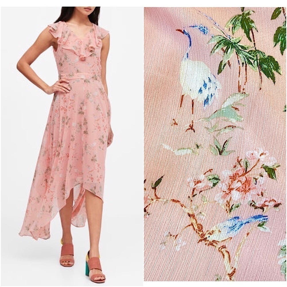 NEW BANANA REPUBLIC Floral Chiffon Sleeveless Ruffled Fit & Flare‎ Midi Dress 4